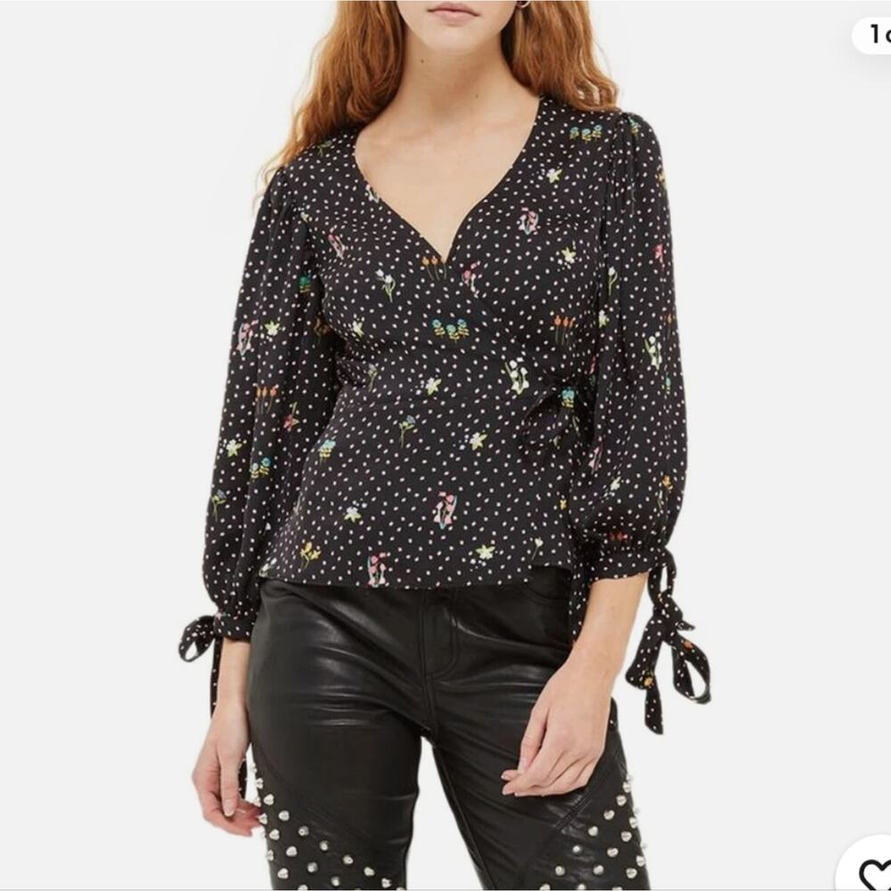 Topshop Floral Black Blouse with Tie Sleeves